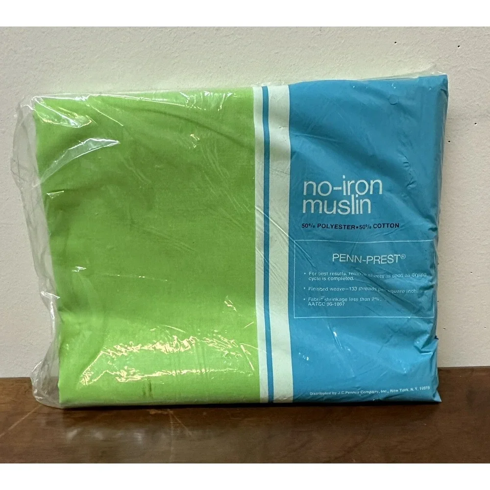 Vintage No Iron Muslin Full Flat Sheet Bright Retro Green Made in USA NEW NOS